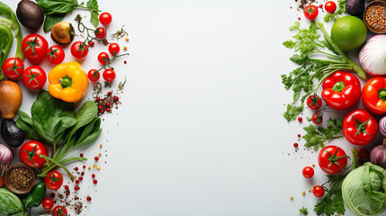 Kitchen border frame with different vegetables on isolated white background. Copy space. Generative AI