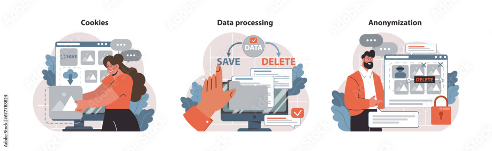 Poster digital privacy set. online data security actions. user interaction with cookies, data storage decis