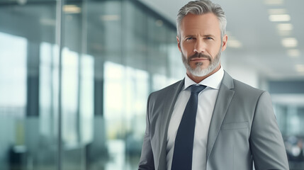 Portrait of a successful middle-aged businessman in an elegant gray business suit standing in his office - Powered by Adobe