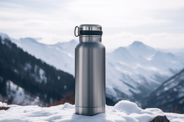 Grey metal camping vacuum flask in winter mountains. Thermo cup for hot drinks, free space for text