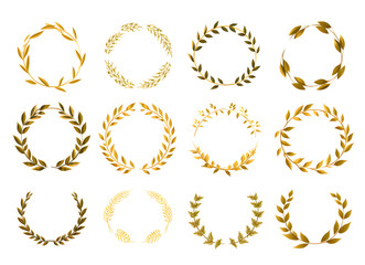  a set of  vintage gold  laurel leaf wreaths on white background