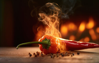 Red chili pepper close-up in the steaming fire background, free space for text