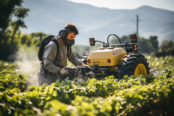 A farmer in protective gear manually operates machinery to spray crops in a sunny vineyard.