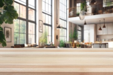 Wooden kitchen desk  in room interior