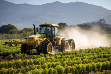 Fototapeta premium A tractor cultivating a lush green farm field with mountains in the background on a sunny day.