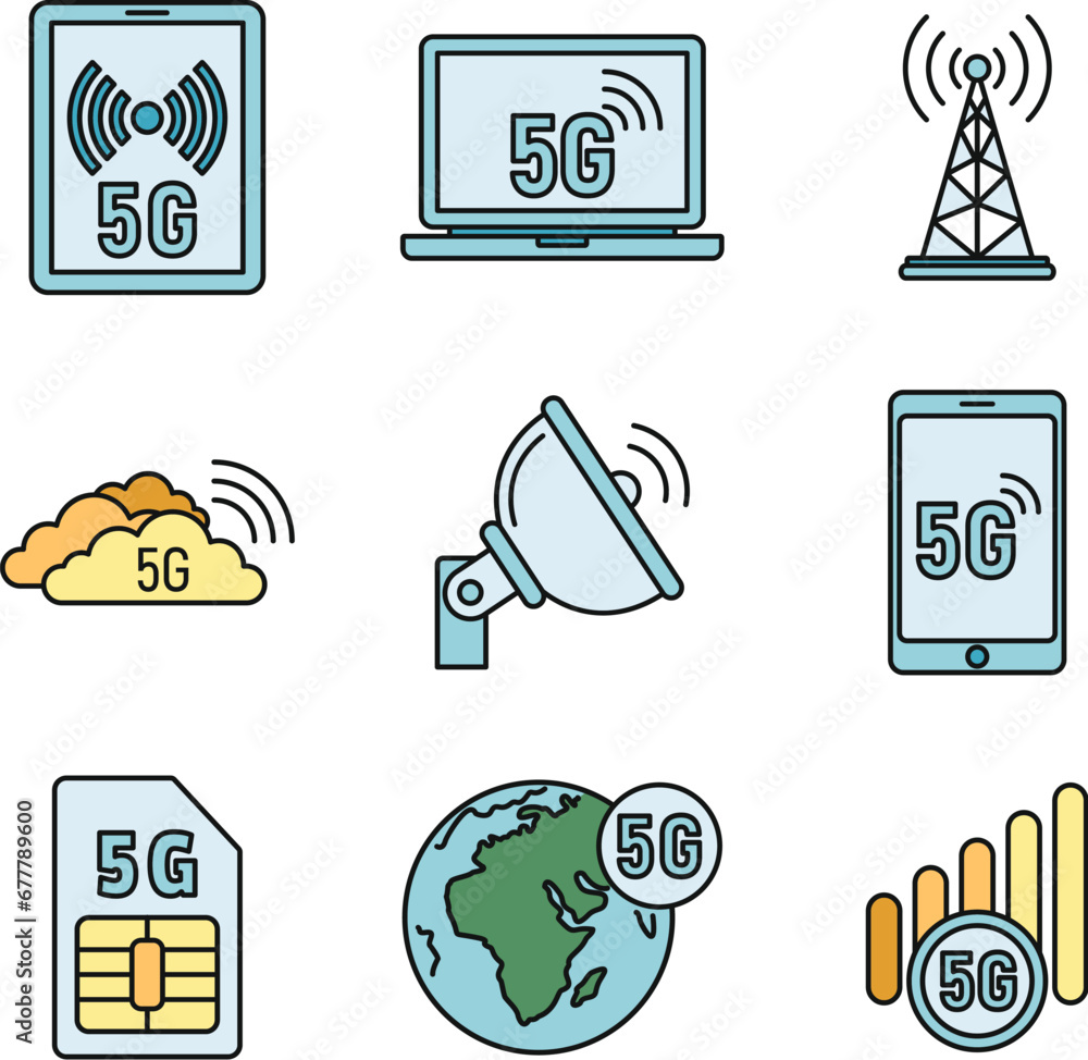 Aufkleber 5g technology network icons set. outline set of 5g technology network vector icons thin line color f