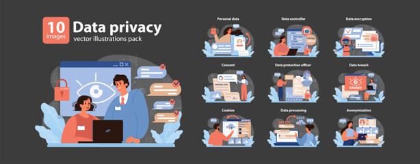 Data privacy set. Modern safeguards in digital landscape. Personal data management, encryption techniques, and security measures. Navigating online threats. Data protection essentials. Flat vector