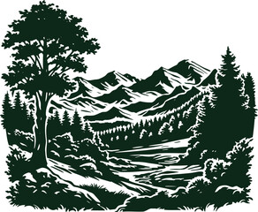 Monochromatic vector depiction of the stunning mountainous nature, an art piece crafted in Illustrator