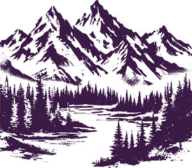 Monochrome vector art depicting the majestic beauty of mountainous landscapes, crafted in Illustrator