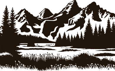 Fototapeta na wymiar Vector monochrome illustration of the serene mountain landscape, artistically created in Illustrator.