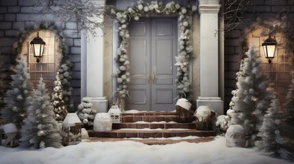 a house decorated for christmas with wreaths and lights on the front door and steps leading up to the front door.