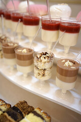 Beautiful, sweet and delicious mousses are laid out on the shelves of the buffet table.