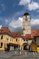 Clock tower in the city of Sibiu, Romania.