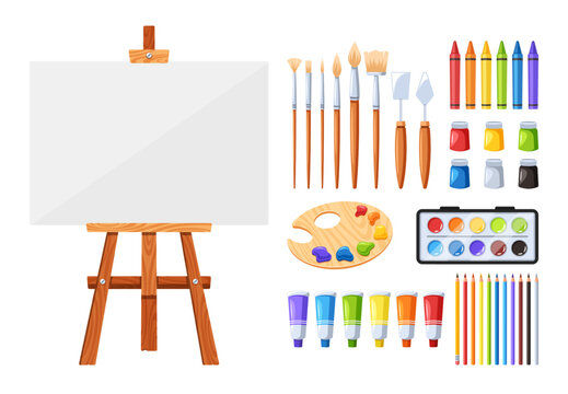 An Artist Set Includes Paints, Brushes, Canvas, Easels, And Palette with Knives and Tubes, Providing Tools