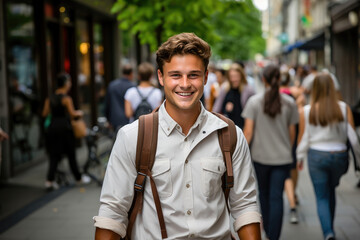 Obraz premium A cheerful young man with a backpack smiling as he walks through a busy city street on a sunny day.