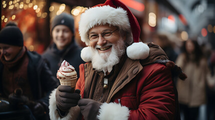 Merry Christmas and Happy Holidays! Cheerful Santa Claus is eating ice cream on the street.