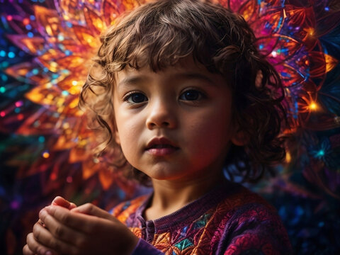 Starseed, crysral child, little boy portrait with colorful shining flower on the background, magic holidays.