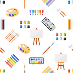 Seamless Pattern Features Colorful Artist Items Like Paintbrushes, Palettes, Easels And Paint Tubes with Crayons, Knives