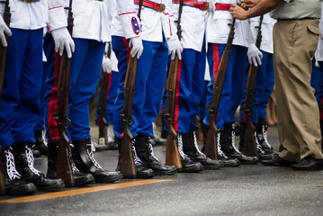 Fototapeta premium Students from the army military college are seen in formation during the Brazilian independence parade in the city of Salvador, Bahia.