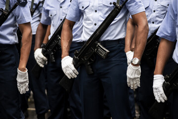 Air force soldiers hold a rifle during celebrations of Brazilian independence in the city of...