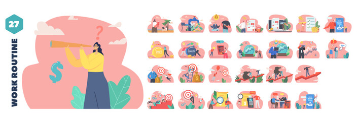 Isolated Vector Elements with Characters Perform Work Routine Scenes. Structured Daily Schedule That Includes Tasks
