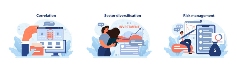 Investment strategy set. Analyzing asset correlation, embracing sector diversification, and executing risk management. Professionals ensuring financial growth. Flat vector illustration