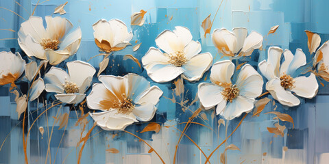 Abstract oil painting White petals, flowers with golden lines, palette knife