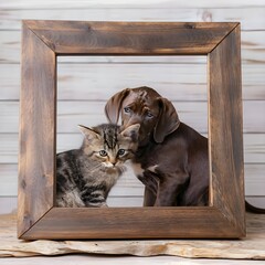cat and puppy on wooden background