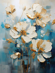 Abstract oil painting White petals, flowers with golden lines, palette knife
