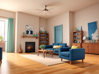 Living room with blue sofas and a coffee table. 3d rendering