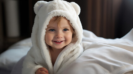 Smiling little baby in a white towel on the bed at home. AI Generative