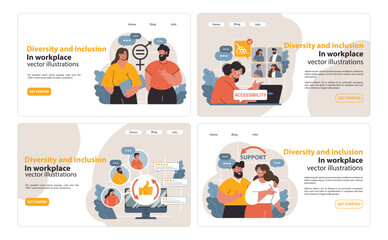 Diversity and Inclusion set. Colleagues unite for equality. Collaborative teamwork, accessibility focus, workplace support. Celebrating differences. Flat vector illustration