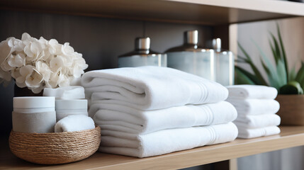 Fototapeta na wymiar Towels on shelf in bathroom, closeup. Spa treatment. Generative AI