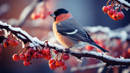 Bullfinch on a branch with red berries in the winter forest.  Generative AI
