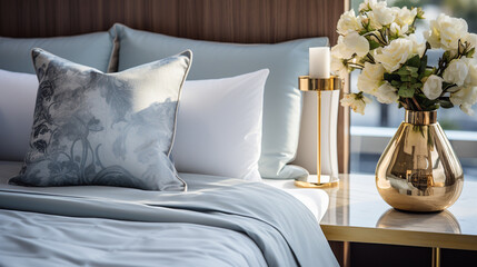 Decorative pillows on bed in bedroom, closeup. Interior design. Generative AI