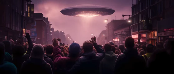 Wandcirkels tuinposter Close encounter with an UFO flying over a city street, a crowd of people experience the sighting. © Giotto