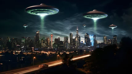 Zelfklevend Fotobehang Alien invasion: flying saucers in night sky in front of a modern city skyline © Giotto
