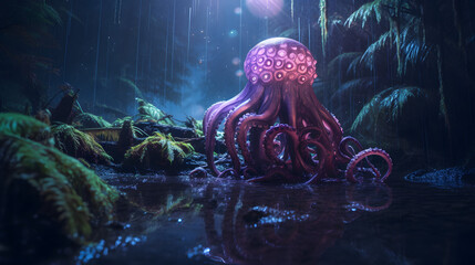 Alien octopus monster with glowing purple head walking on its many tentacles out of a pond of rain in a mysterious forest - obrazy, fototapety, plakaty