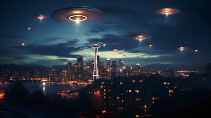 Alien invasion: UFOs flying above a city with skyscrapers against a blue night sky 