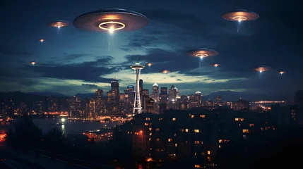 Zelfklevend Fotobehang Alien invasion: UFOs flying above a city with skyscrapers against a blue night sky  © Giotto