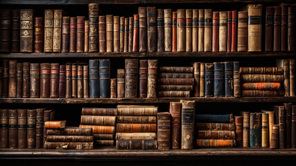 Old bookshelf with stacks of old books in a library. AI Generative
