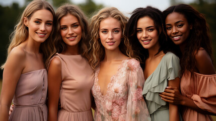Portrait of a group of beautiful young women in dresses posing outdoor.   AI Generative