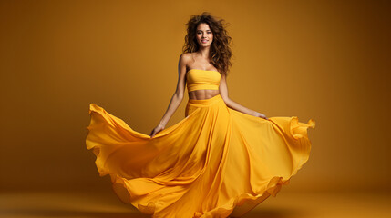 Beautiful young woman in a long yellow dress dancing on a yellow background. Generative AI