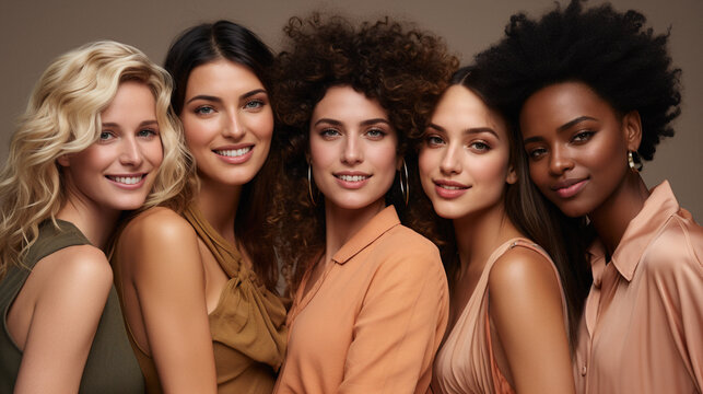 Group of smiling multicultural women looking at camera. AI Generative