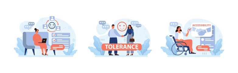 Inclusive workplace set. Modern employees collaborating, promoting tolerance. Accessibility for disabled. Diverse teamwork values. Flat vector illustration.
