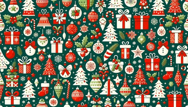 This image is a festive Christmas pattern featuring an assortment of holiday icons in red and green.
