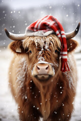 highland cow with santa hat in snow - obrazy, fototapety, plakaty