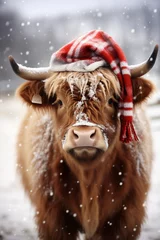 Foto op Canvas highland cow with santa hat in snow © pcperle