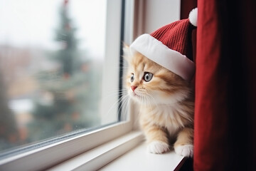 adorable kitten with santa claus hat is looking out of the window