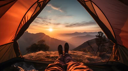 Fotobehang two feets under tent in the sunset on the moutain  © Lin_Studio